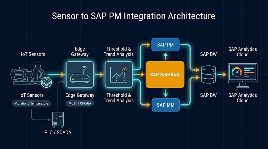 SAP kestirimci bakım mimarisi: IoT sensörler, edge gateway, analitik ve SAP PM