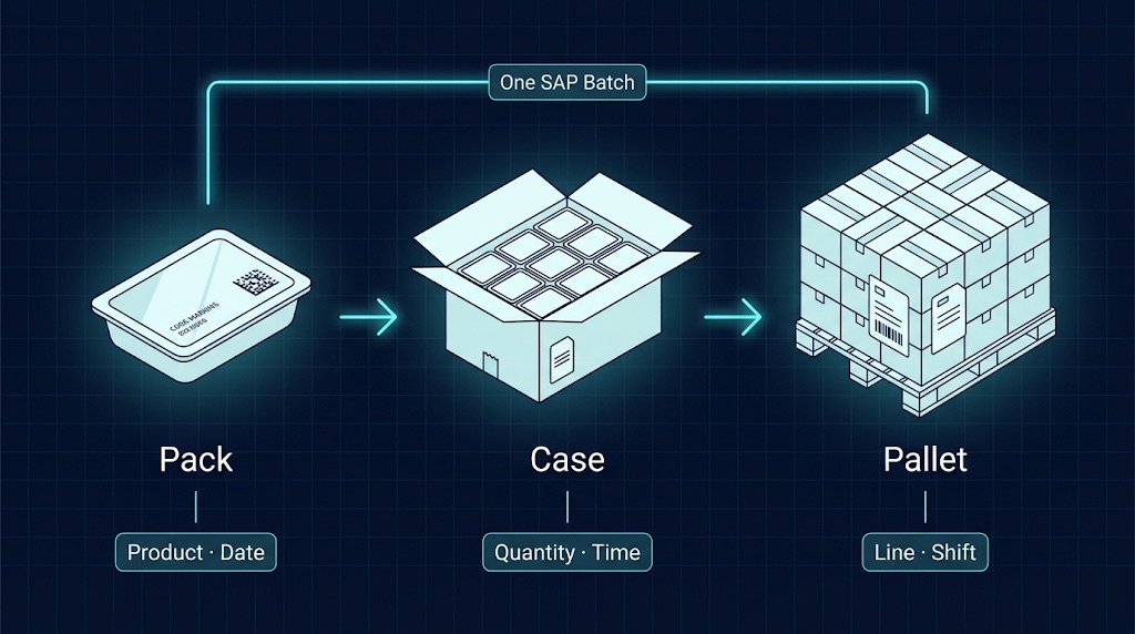 Tek bir SAP parti numarasına bağlı paket, koli ve palet soy ağacı