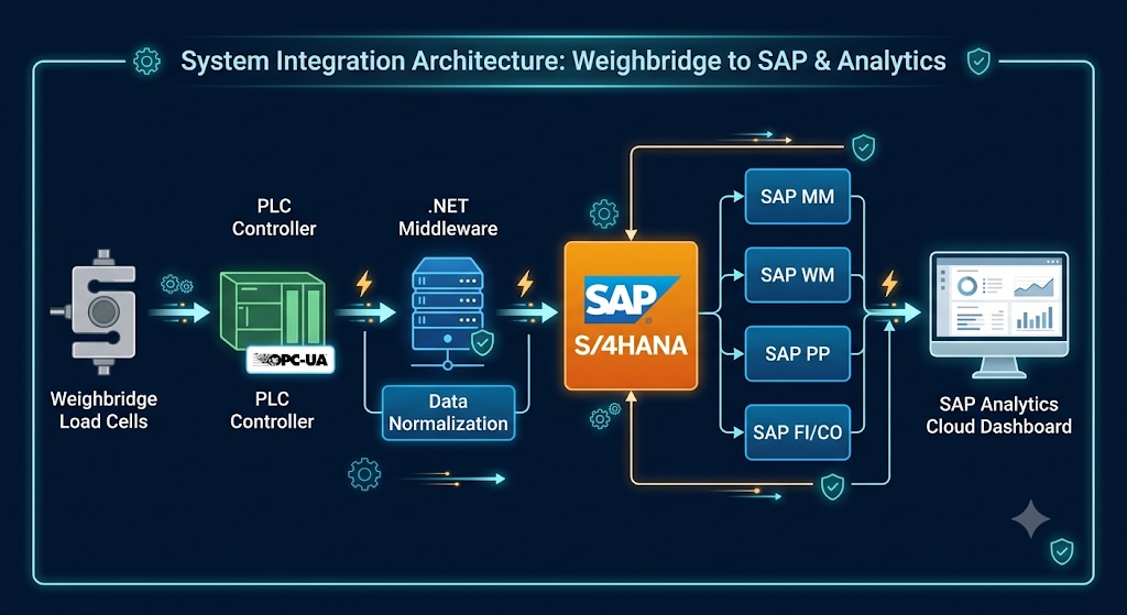 SAP kantar entegrasyonu mimarisi: PLC, OPC-UA, middleware ve SAP S/4HANA